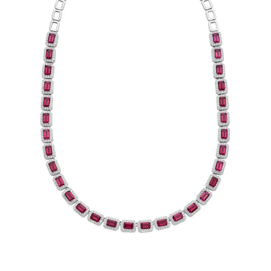 Created Emerald-Cut Ruby & White Sapphire Halo Necklace in Sterling Silver