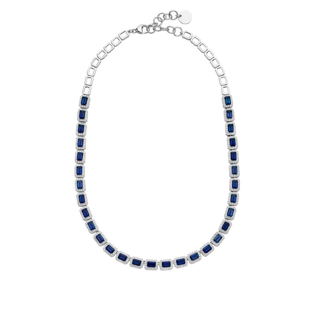 Created Emerald-Cut Blue & White Sapphire Halo Necklace in Sterling Silver front view