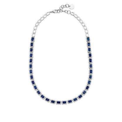 Created Emerald-Cut Blue & White Sapphire Halo Necklace in Sterling Silver front view