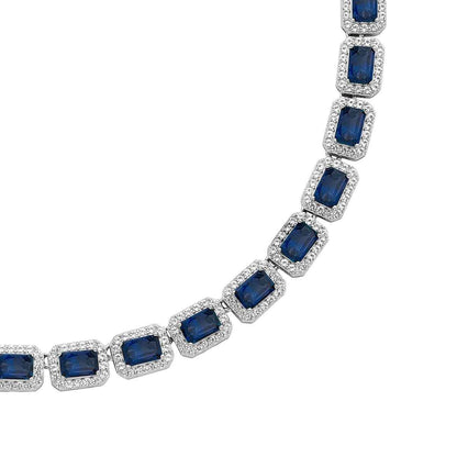 Created Emerald-Cut Blue & White Sapphire Halo Necklace in Sterling Silver close-up detail