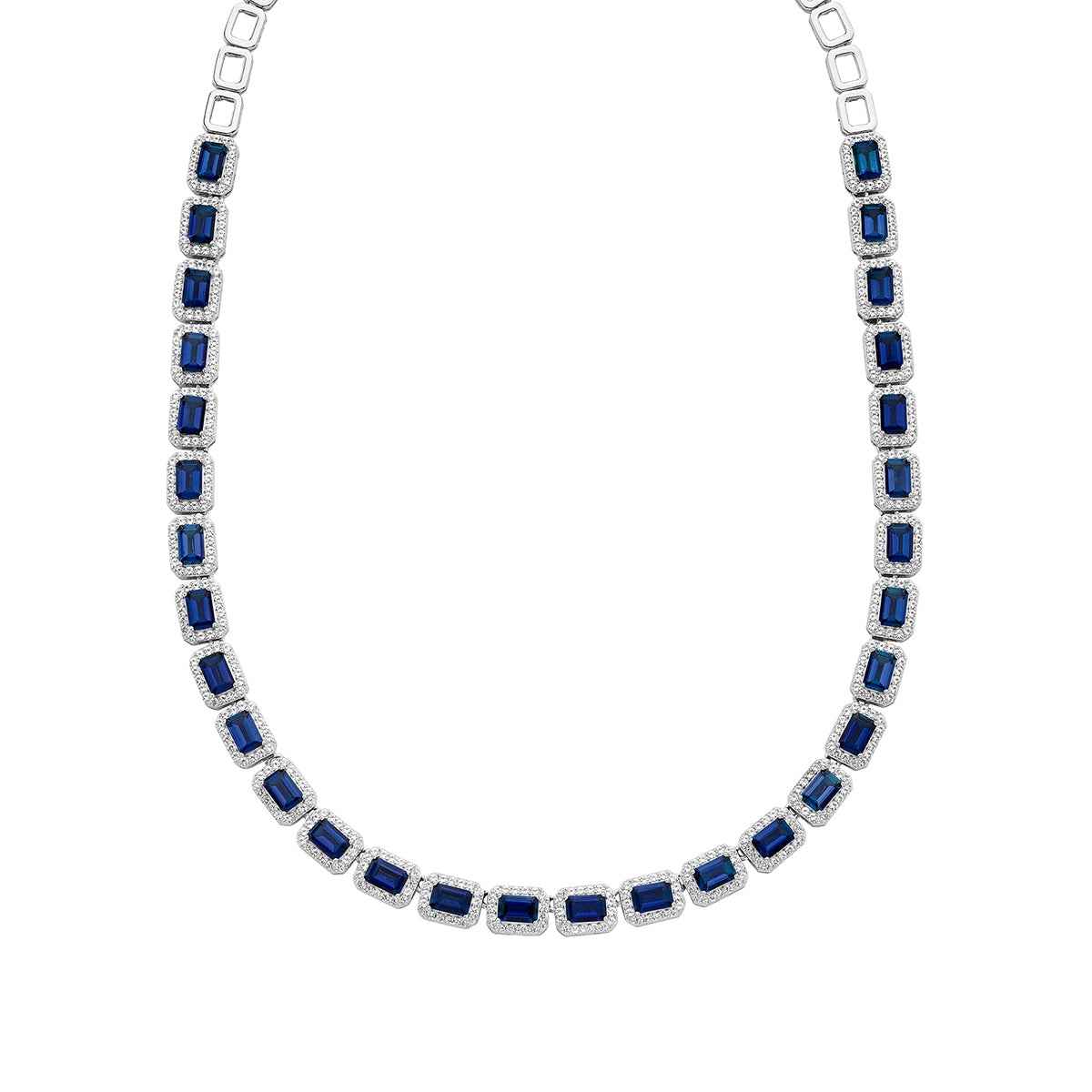 Created Emerald-Cut Blue & White Sapphire Halo Necklace in Sterling Silver