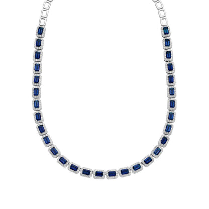 Created Emerald-Cut Blue & White Sapphire Halo Necklace in Sterling Silver