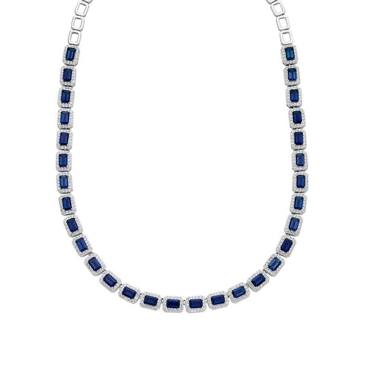 Created Emerald-Cut Blue & White Sapphire Halo Necklace in Sterling Silver