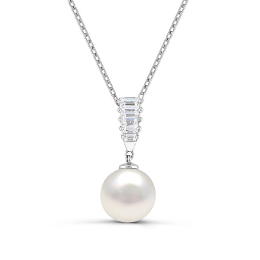 Cultured Freshwater Pearl & Created Baguette White Sapphire Dangle Pendant in Sterling Silver