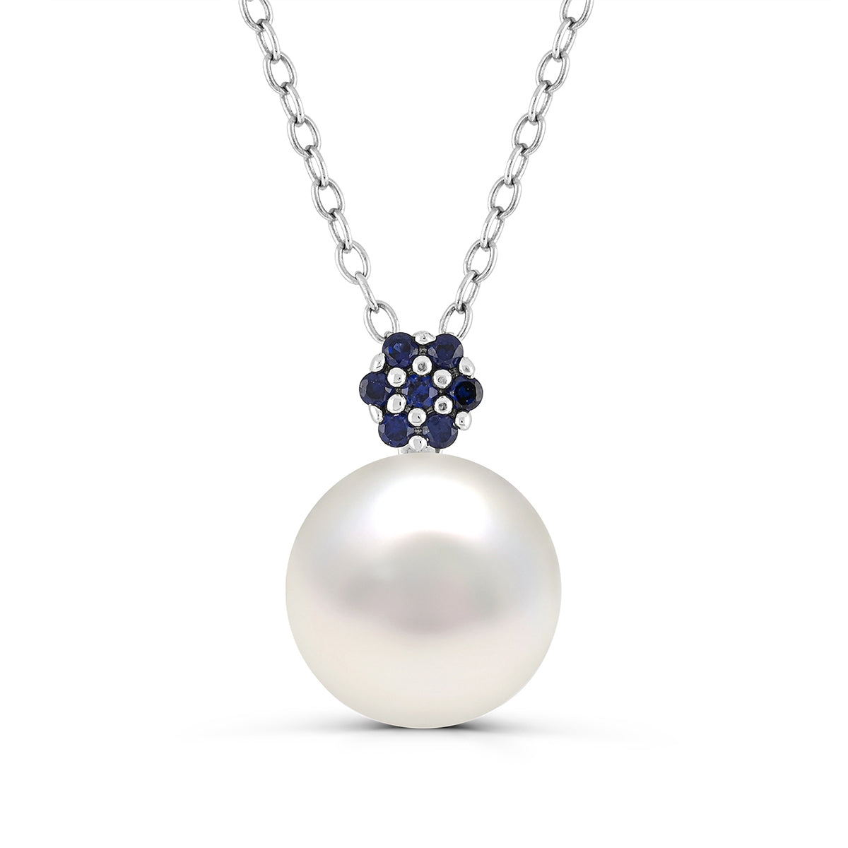 Cultured Freshwater Pearl & Created Sapphire Floral Pendant in Sterling Silver