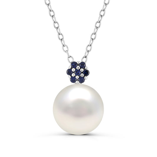 Cultured Freshwater Pearl & Created Sapphire Floral Pendant in Sterling Silver