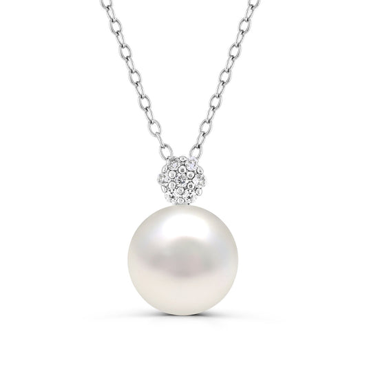 Cultured Freshwater Pearl & Created White Sapphire Cluster Pendant in Sterling Silver