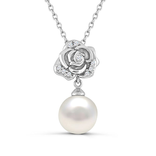 Cultured Freshwater Pearl & Diamond Accent Rose Pendant in Sterling Silver