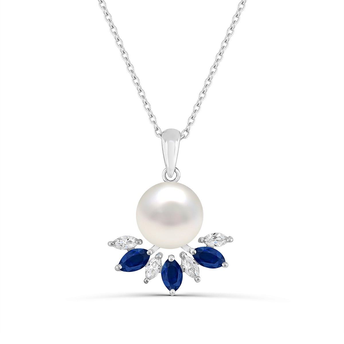 Cultured Freshwater Pearl & Created Marquise Blue & White Sapphire Pendant in Sterling Silver