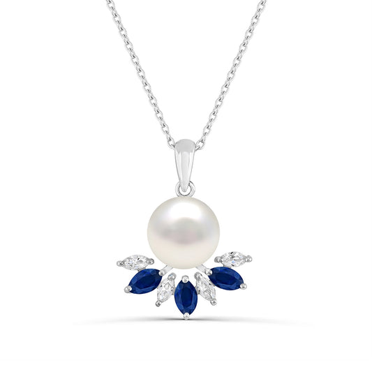 Cultured Freshwater Pearl & Created Marquise Blue & White Sapphire Pendant in Sterling Silver