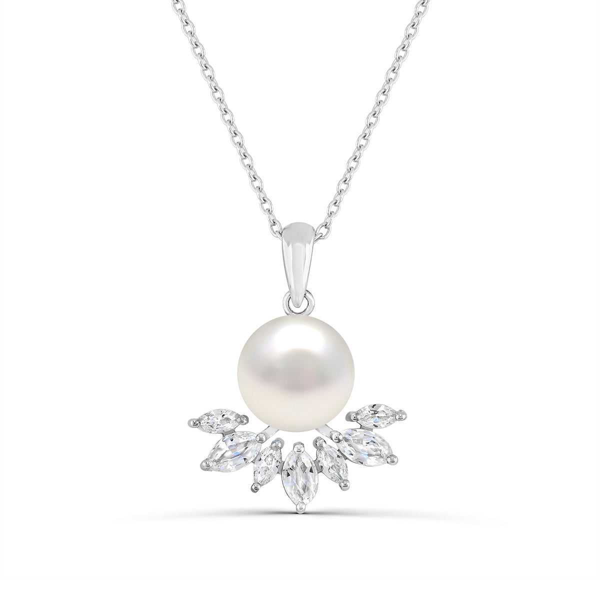 Cultured Freshwater Pearl & Created Marquise White Sapphire Pendant in Sterling Silver