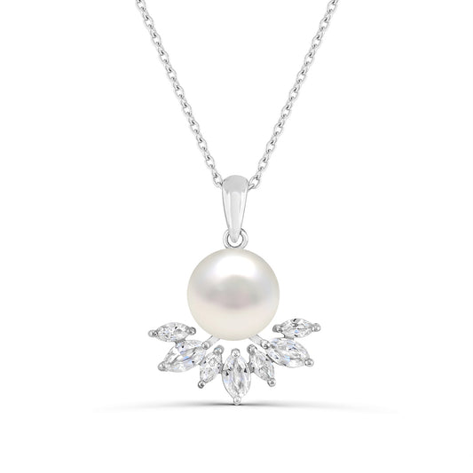 Cultured Freshwater Pearl & Created Marquise White Sapphire Pendant in Sterling Silver