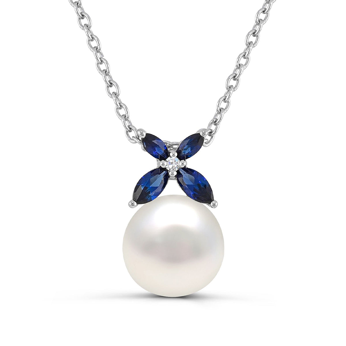 Cultured Freshwater Pearl & Created Marquise Sapphire Pendant in Sterling Silver