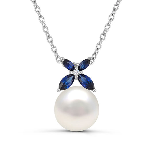 Cultured Freshwater Pearl & Created Marquise Sapphire Pendant in Sterling Silver