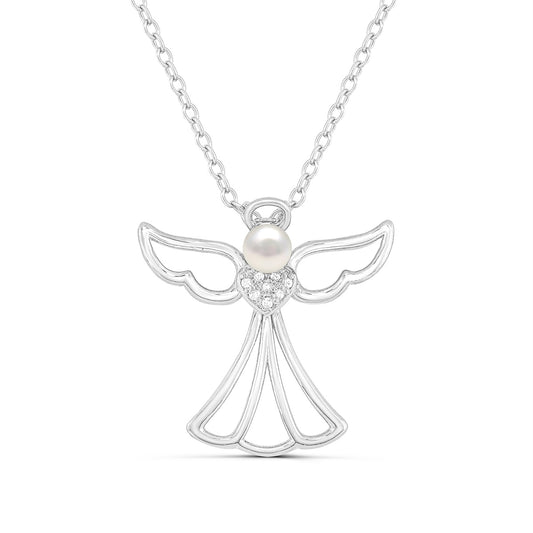 Cultured Freshwater Pearl & Diamond Accent Angel Pendant in Sterling Silver