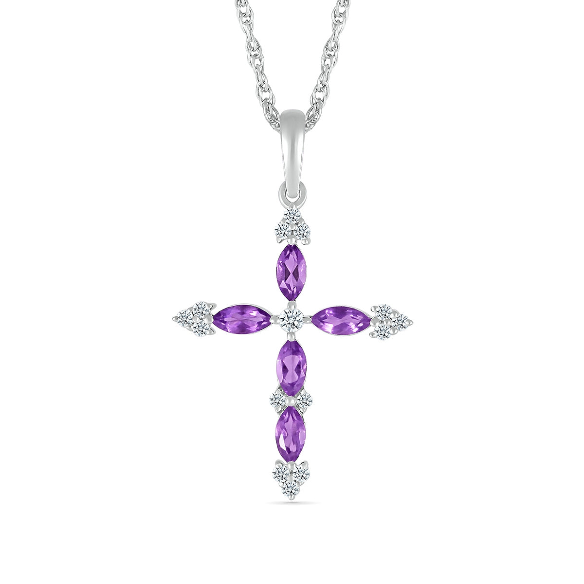 Marquise Amethyst & Diamond Accent Cross Pendant in 10K White Gold