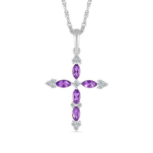Marquise Amethyst & Diamond Accent Cross Pendant in 10K White Gold