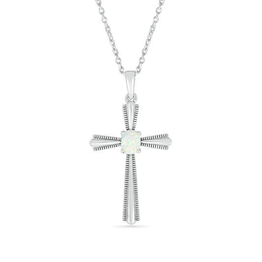Created Oval Opal Milgrain Cross Pendant in Sterling Silver