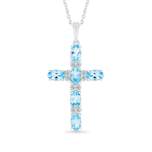 Oval Swiss Blue Topaz & Diamond Accent Cross Pendant in 10K White Gold
