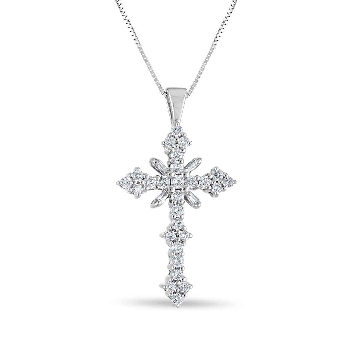 1/2 ct. tw. Round & Baguette Diamond Budded Cross Pendant in 10K White Gold