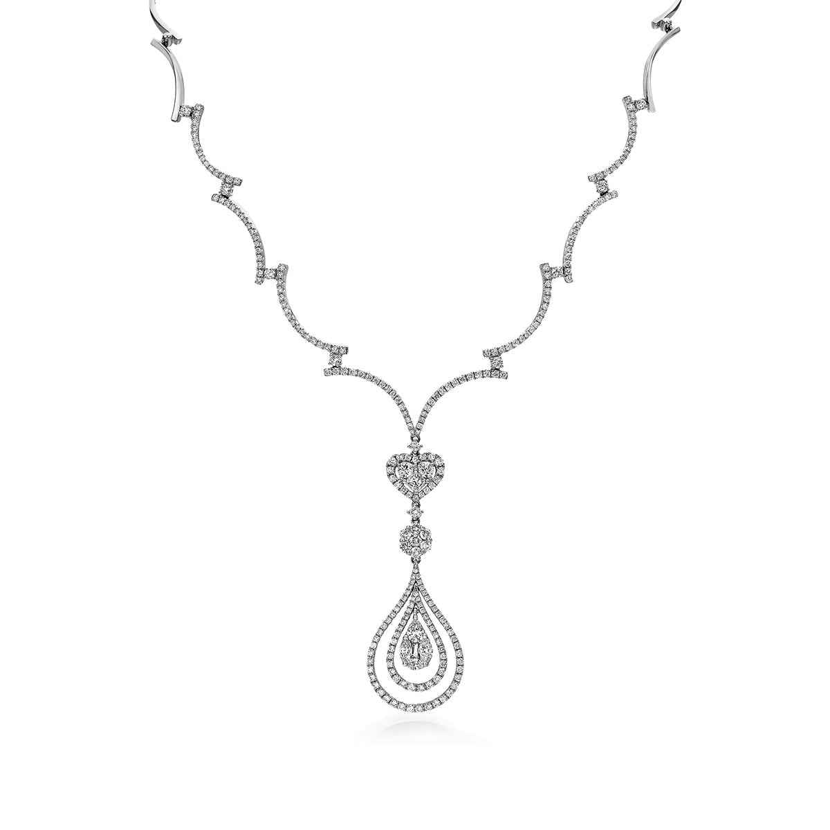 3-1/2 ct. tw. Diamond Teardrop & Heart Cluster Scalloped Y Necklace in 10K White Gold