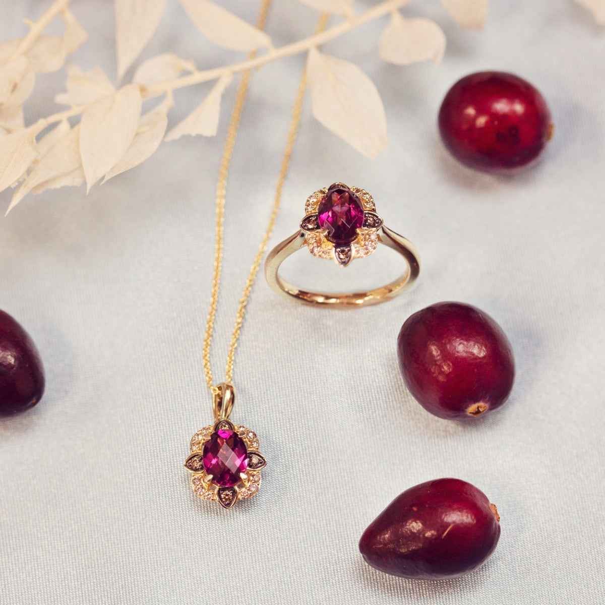 Le Vian Creme Brulee Oval Raspberry Rhodolite Garnet & 1/6 ct. tw. Nude & Chocolate Diamond Floral Halo Ring in front view