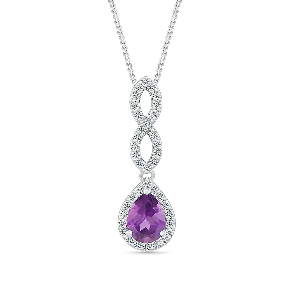 Pear Amethyst & Created White Sapphire Twist Pendant in Sterling Silver
