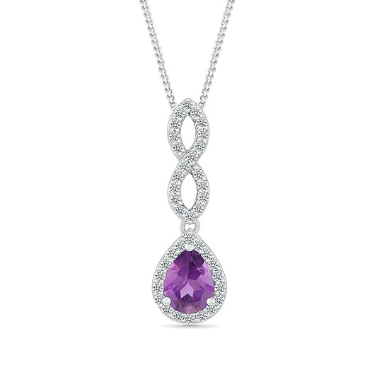 Pear Amethyst & Created White Sapphire Twist Pendant in Sterling Silver