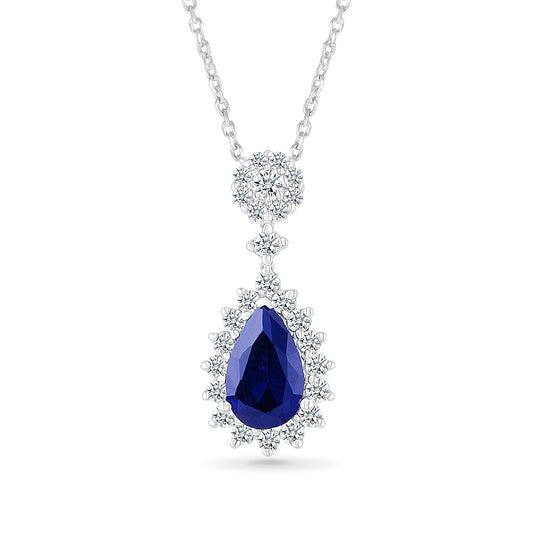 Pear Sapphire & 1/3 ct. tw. Diamond Starburst Halo Pendant in 10K White Gold