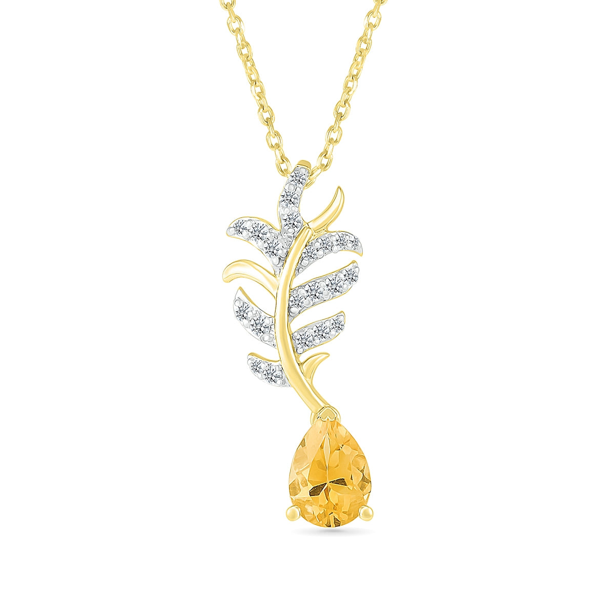 Pear Citrine & 1/8 ct. tw. Diamond Leaf Pendant in 10K Yellow Gold