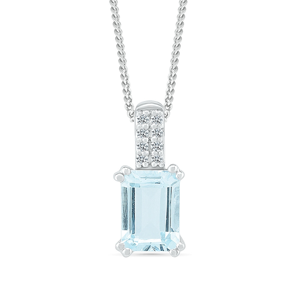 Emerald Cut Aquamarine & Created White Sapphire Pendant in 10K White Gold