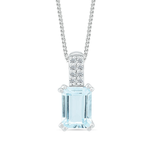 Emerald Cut Aquamarine & Created White Sapphire Pendant in 10K White Gold