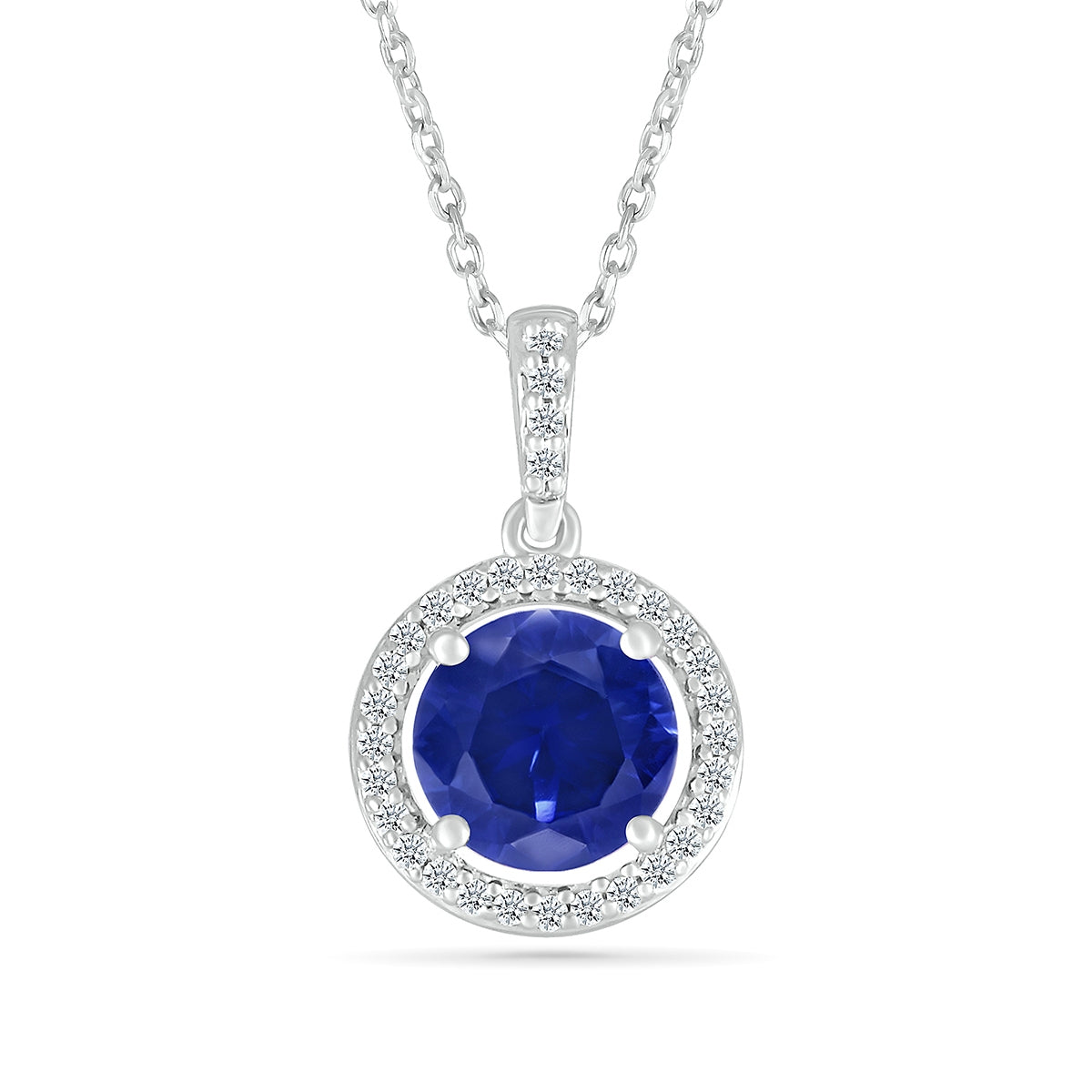 Round Sapphire & 1/15 ct. tw. Diamond Halo Pendant in 10K White Gold