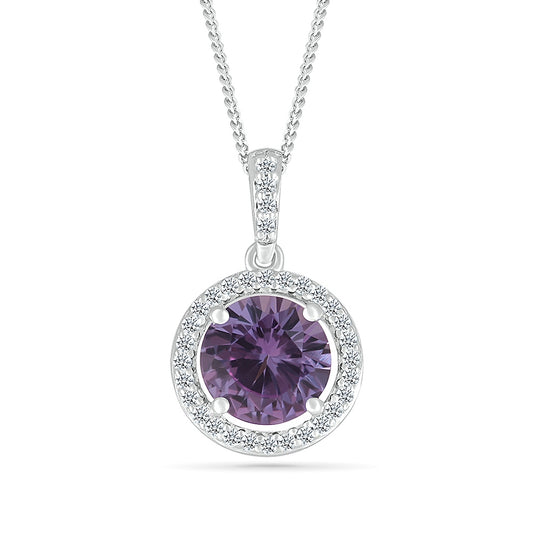 Created Round Alexandrite & White Sapphire Halo Pendant in Sterling Silver