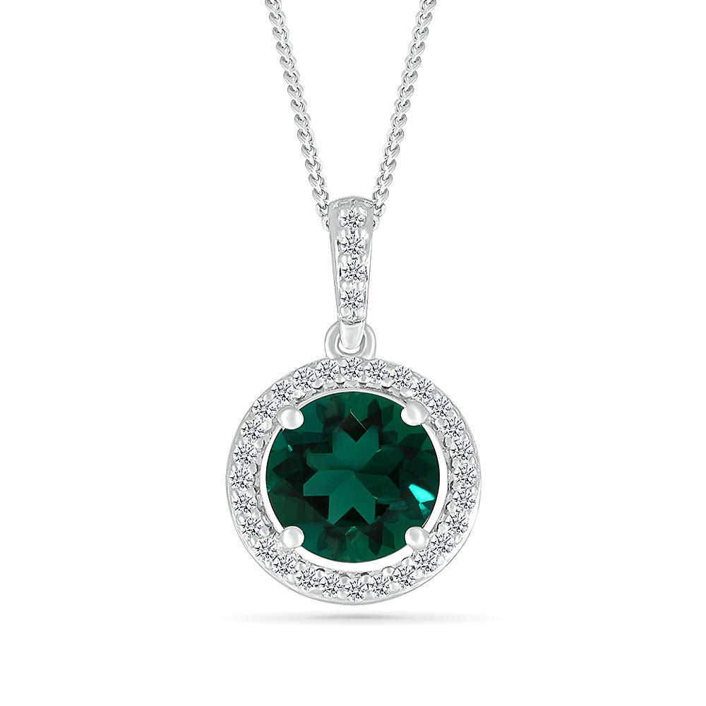 Created Round Emerald & White Sapphire Halo Pendant in Sterling Silver