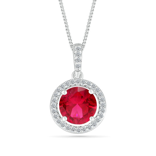 Created Round Ruby & White Sapphire Halo Pendant in Sterling Silver