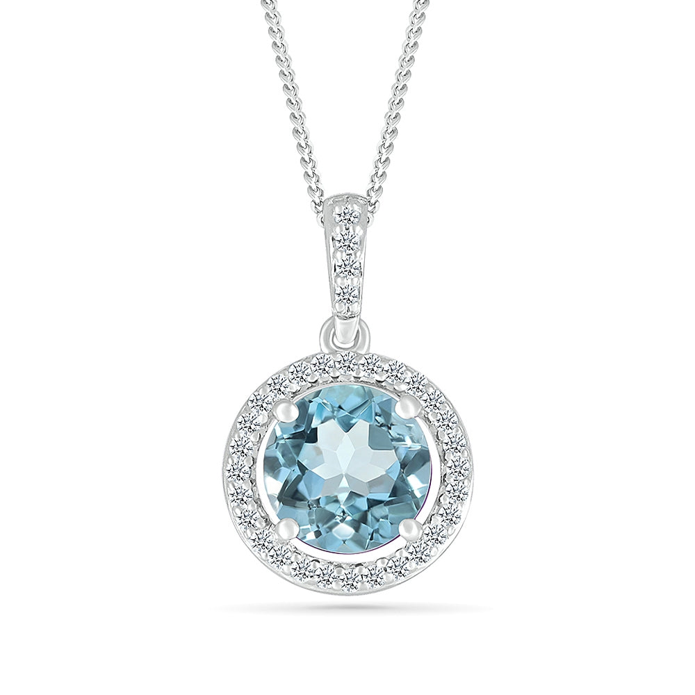 Round Swiss Blue Topaz & Created White Sapphire Halo Pendant in Sterling Silver