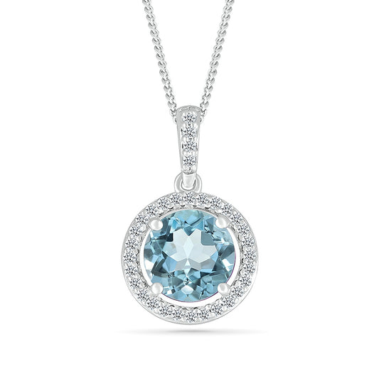 Round Swiss Blue Topaz & Created White Sapphire Halo Pendant in Sterling Silver