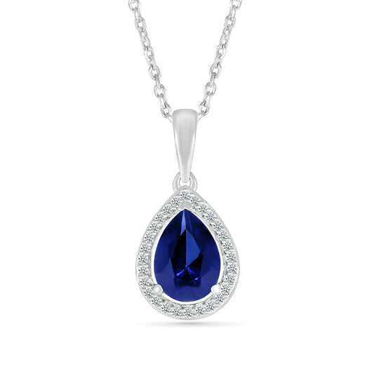 Pear Sapphire & 1/15 ct. tw. Diamond Halo Pendant in 10K White Gold