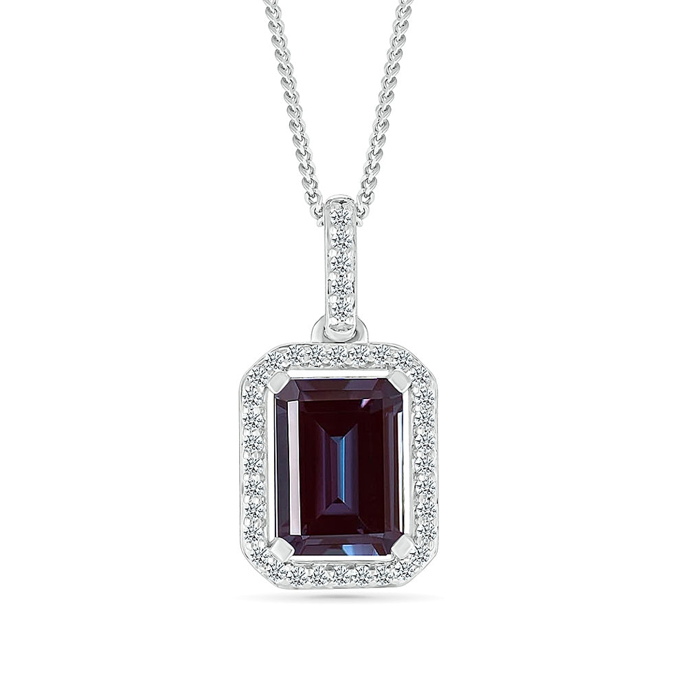 Created Emerald Cut Alexandrite & White Sapphire Halo Pendant in Sterling Silver