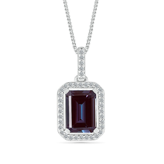 Created Emerald Cut Alexandrite & White Sapphire Halo Pendant in Sterling Silver
