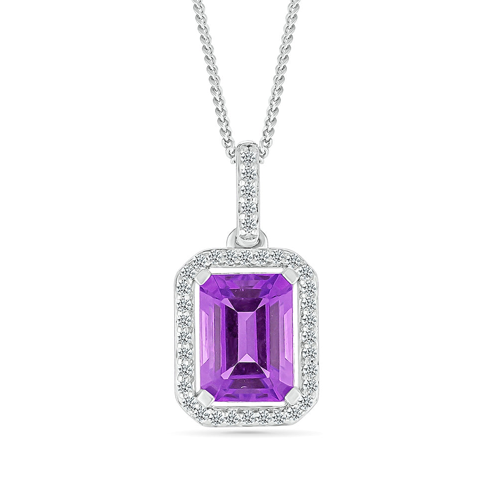 Emerald Cut Amethyst & Created White Sapphire Halo Pendant in Sterling Silver