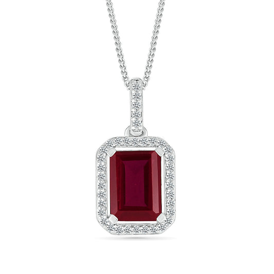 Created Emerald Cut Ruby & White Sapphire Halo Pendant in Sterling Silver