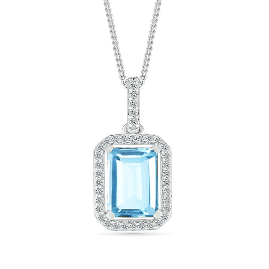 Emerald Cut Swiss Blue Topaz & Created White Sapphire Halo Pendant in Sterling Silver