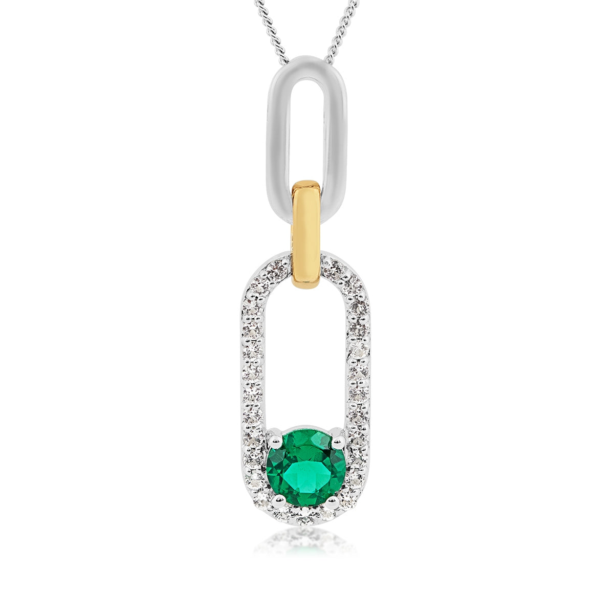 Created Round Emerald & White Sapphire Paperclip Pendant in Sterling Silver & 10K Yellow Gold