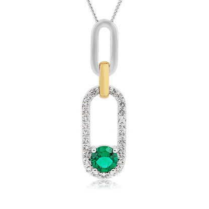 Created Round Emerald & White Sapphire Paperclip Pendant in Sterling Silver & 10K Yellow Gold