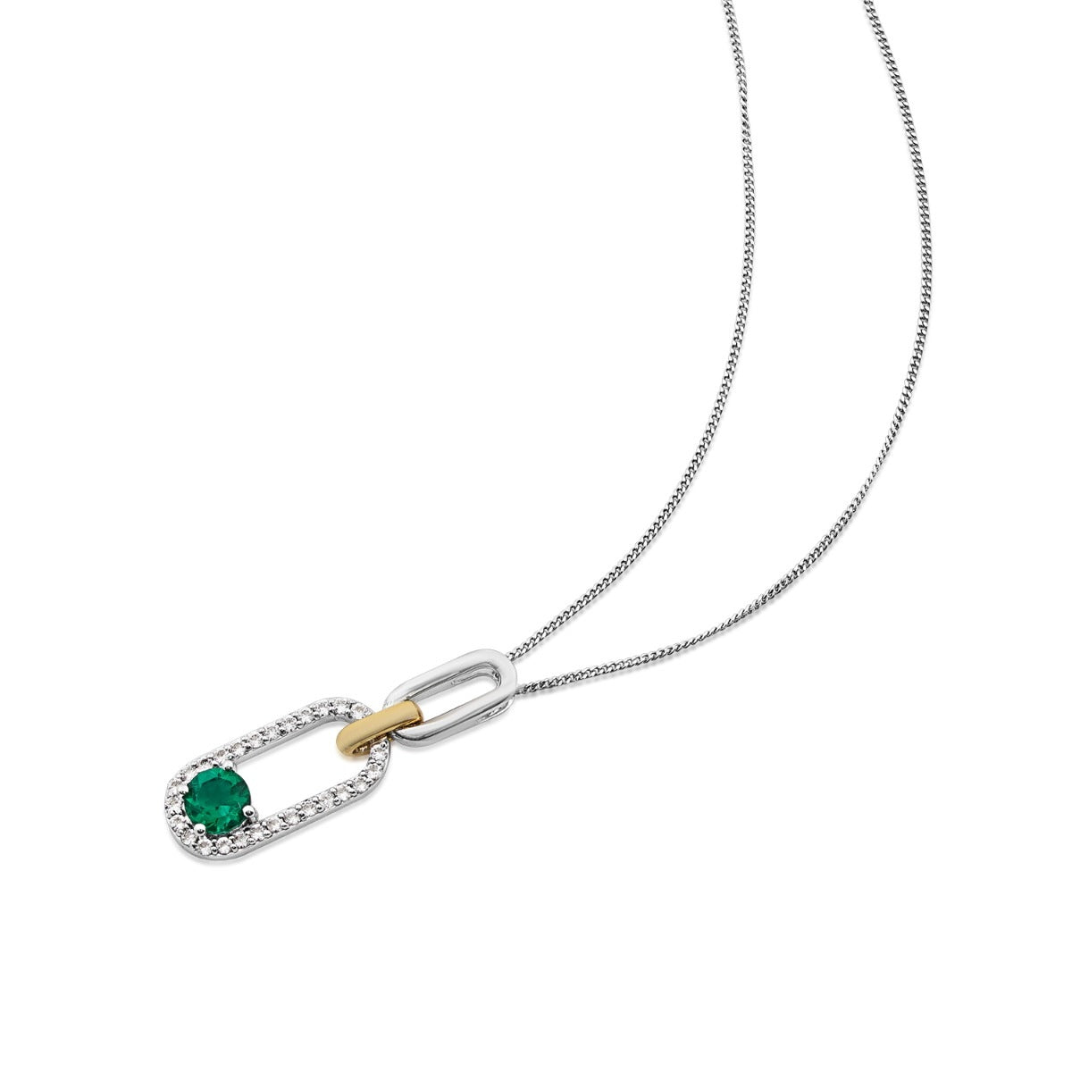 Created Round Emerald & White Sapphire Paperclip Pendant in Sterling Silver & 10K Yellow Gold front view