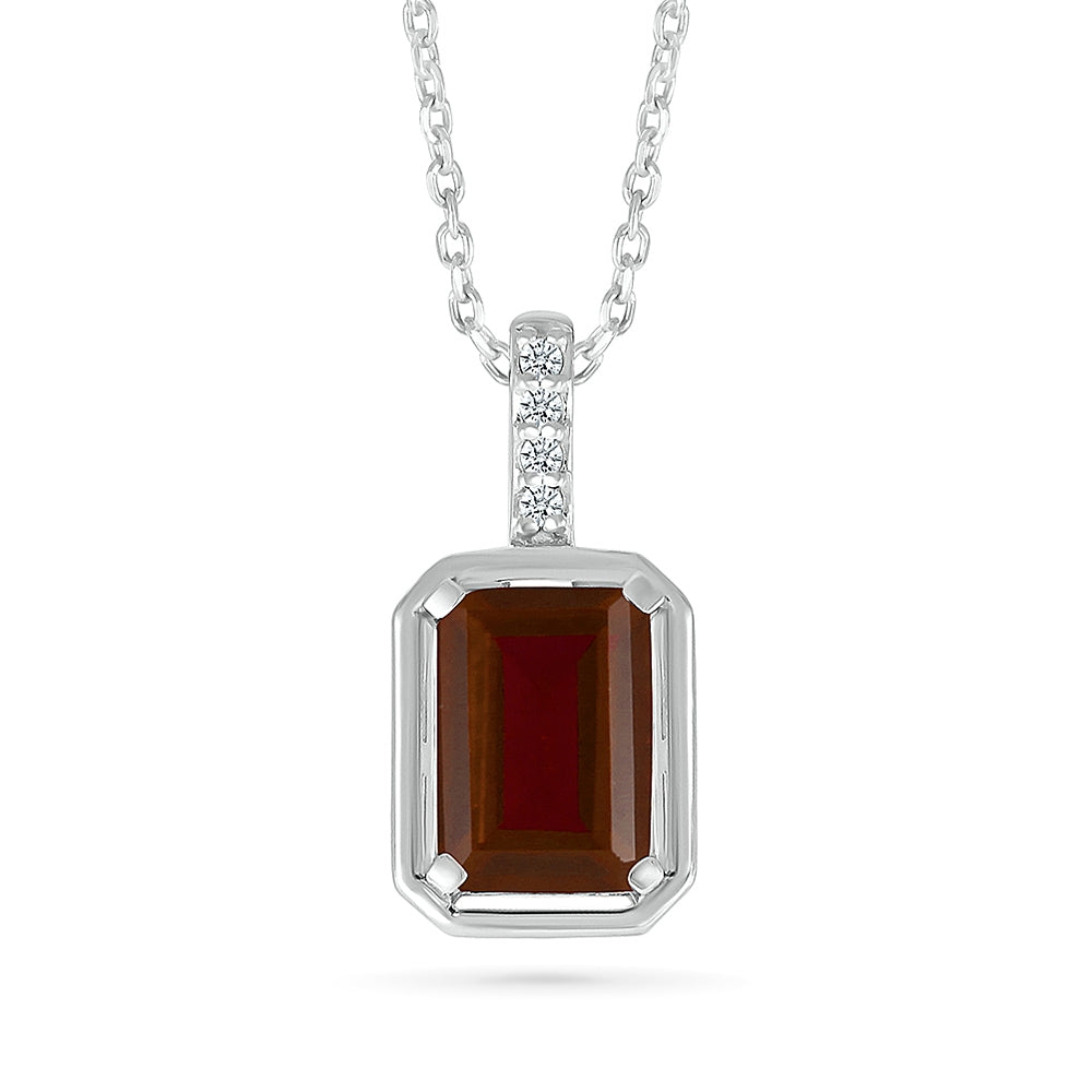 Emerald Cut Garnet & Diamond Accent Pendant in 10K White Gold
