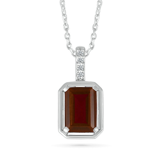 Emerald Cut Garnet & Diamond Accent Pendant in 10K White Gold