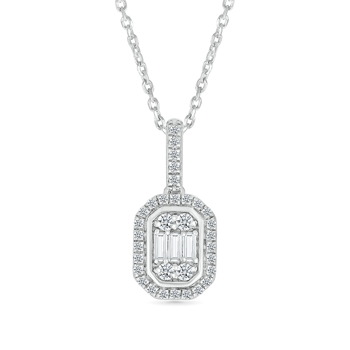 1/4 ct. tw. Round & Baguette Diamond Emerald-Shaped Cluster Pendant in 10K White Gold